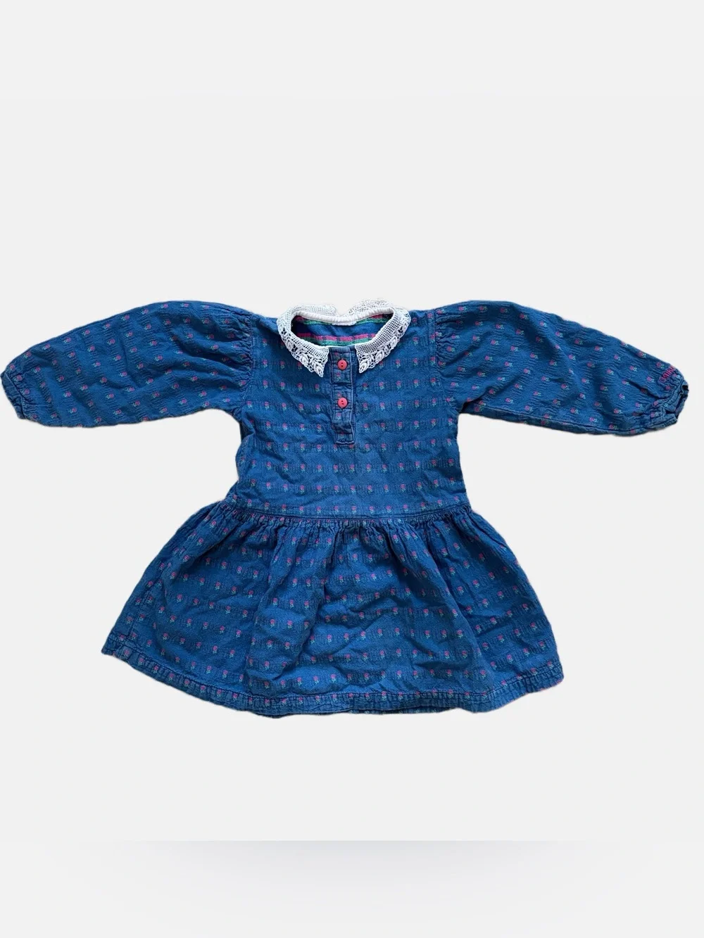 Vintage OshKosh B’Gosh Denim Floral Dress Lace Collar Puff Sleeve Toddler 2T-3T